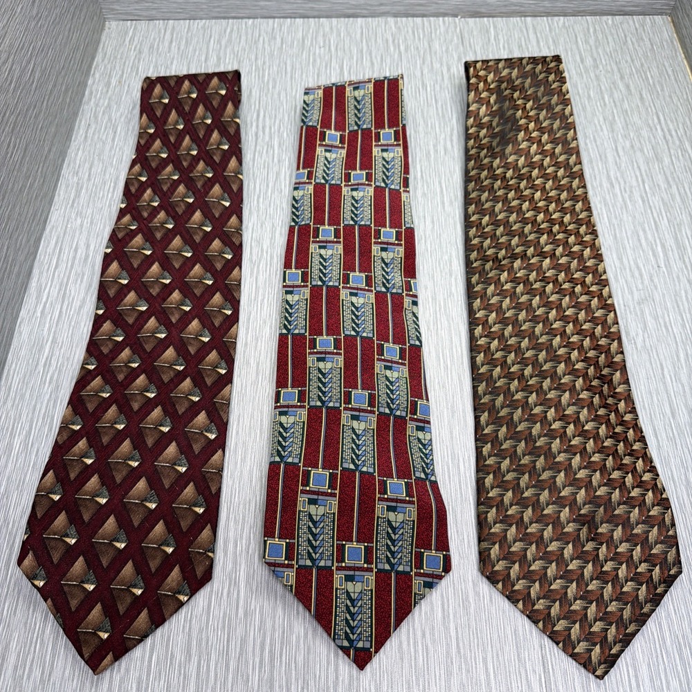 Silk Neckties Lot of‎ 3 Men's Geometric Abstract Patterns Brown Red